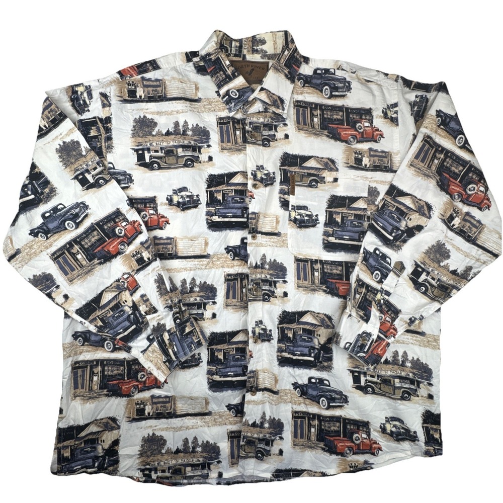 North River Mens Shirt XXL Cotton Vintage Truck Bait Shop Print Outdoorsy Top